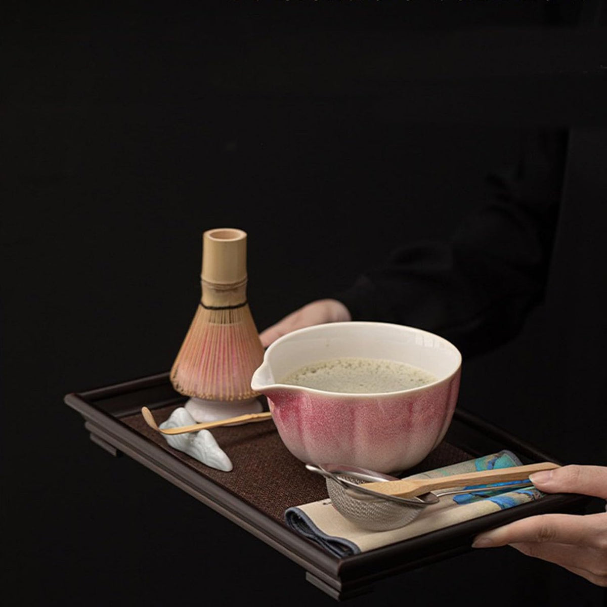 7-Pcs Pink Matcha Whisk Set, Japanese Ceremony Matcha Kit Includes Bowl With Spout, 100% Natural Bamboo Whisk and Holder, Scoop, Scoop Rest, Strainer and Tea Towel - Ideal Gift Christmas, Birthday