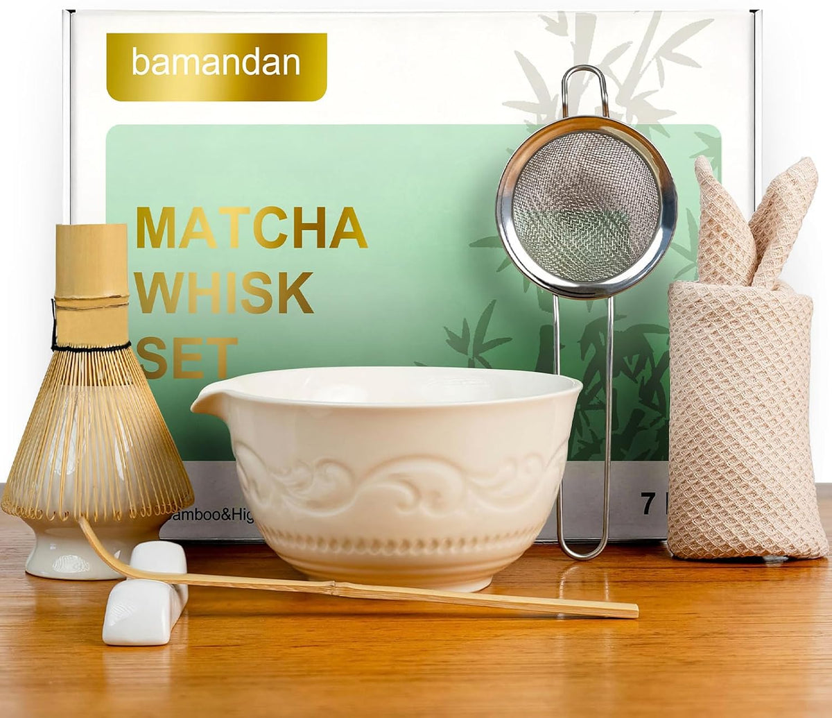7-Pcs Pink Matcha Whisk Set, Japanese Ceremony Matcha Kit Includes Bowl With Spout, 100% Natural Bamboo Whisk and Holder, Scoop, Scoop Rest, Strainer and Tea Towel - Ideal Gift Christmas, Birthday