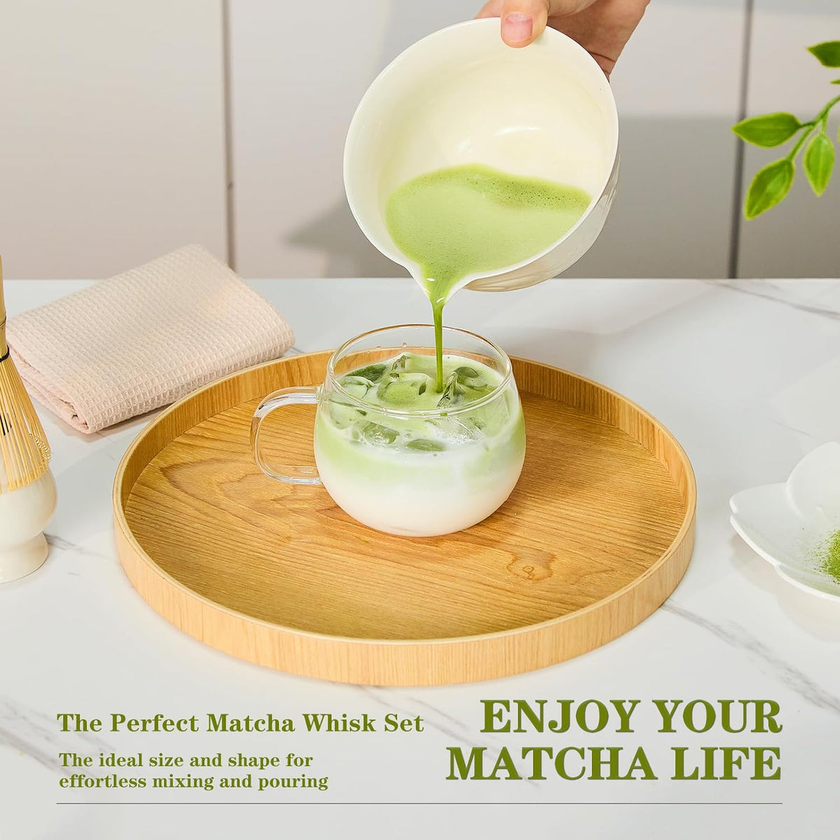 7-Pcs Pink Matcha Whisk Set, Japanese Ceremony Matcha Kit Includes Bowl With Spout, 100% Natural Bamboo Whisk and Holder, Scoop, Scoop Rest, Strainer and Tea Towel - Ideal Gift Christmas, Birthday