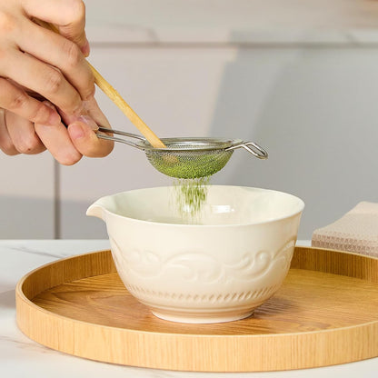 7-Pcs Pink Matcha Whisk Set, Japanese Ceremony Matcha Kit Includes Bowl With Spout, 100% Natural Bamboo Whisk and Holder, Scoop, Scoop Rest, Strainer and Tea Towel - Ideal Gift Christmas, Birthday