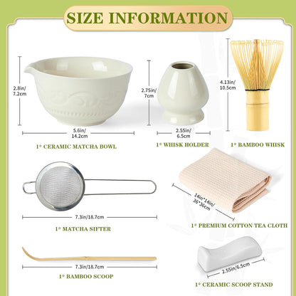 7-Pcs Pink Matcha Whisk Set, Japanese Ceremony Matcha Kit Includes Bowl With Spout, 100% Natural Bamboo Whisk and Holder, Scoop, Scoop Rest, Strainer and Tea Towel - Ideal Gift Christmas, Birthday