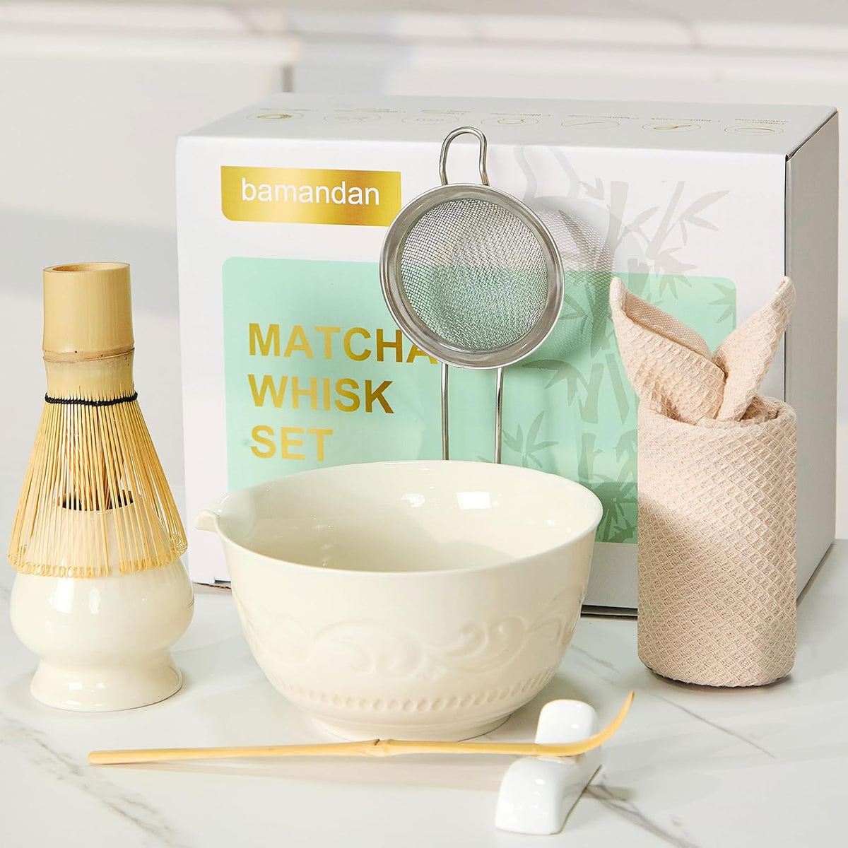 7-Pcs Pink Matcha Whisk Set, Japanese Ceremony Matcha Kit Includes Bowl With Spout, 100% Natural Bamboo Whisk and Holder, Scoop, Scoop Rest, Strainer and Tea Towel - Ideal Gift Christmas, Birthday