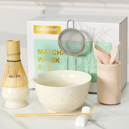 7-Pcs Pink Matcha Whisk Set, Japanese Ceremony Matcha Kit Includes Bowl With Spout, 100% Natural Bamboo Whisk and Holder, Scoop, Scoop Rest, Strainer and Tea Towel - Ideal Gift Christmas, Birthday