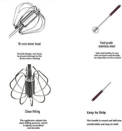 Stainless Steel Semi-Automatic Easy Whisk Handheld Mixer Hand Push Rotary Whisk Blender Egg Beater Hand Push Mixer Stirrer Egg Scrambler for Blending, Whisking, Frothing, Beating & Stirring, 10in