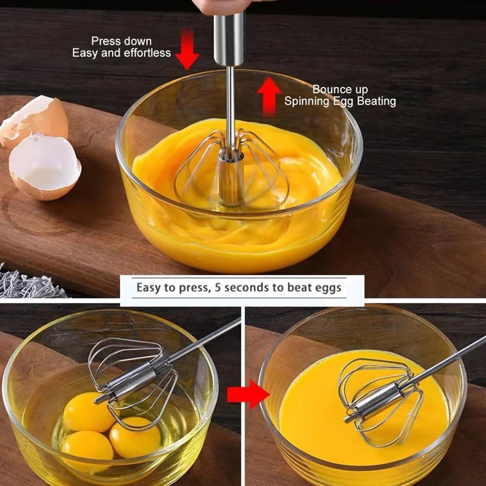 Stainless Steel Semi-Automatic Easy Whisk Handheld Mixer Hand Push Rotary Whisk Blender Egg Beater Hand Push Mixer Stirrer Egg Scrambler for Blending, Whisking, Frothing, Beating & Stirring, 10in
