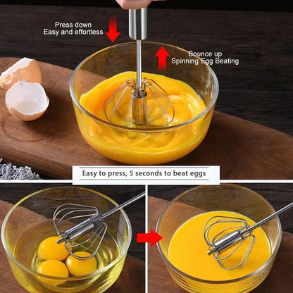 Stainless Steel Semi-Automatic Easy Whisk Handheld Mixer Hand Push Rotary Whisk Blender Egg Beater Hand Push Mixer Stirrer Egg Scrambler for Blending, Whisking, Frothing, Beating & Stirring, 10in