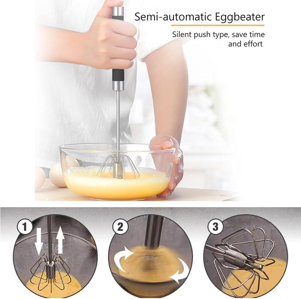 Stainless Steel Semi-Automatic Easy Whisk Handheld Mixer Hand Push Rotary Whisk Blender Egg Beater Hand Push Mixer Stirrer Egg Scrambler for Blending, Whisking, Frothing, Beating & Stirring, 10in