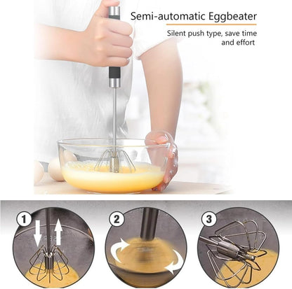 Stainless Steel Semi-Automatic Easy Whisk Handheld Mixer Hand Push Rotary Whisk Blender Egg Beater Hand Push Mixer Stirrer Egg Scrambler for Blending, Whisking, Frothing, Beating & Stirring, 10in