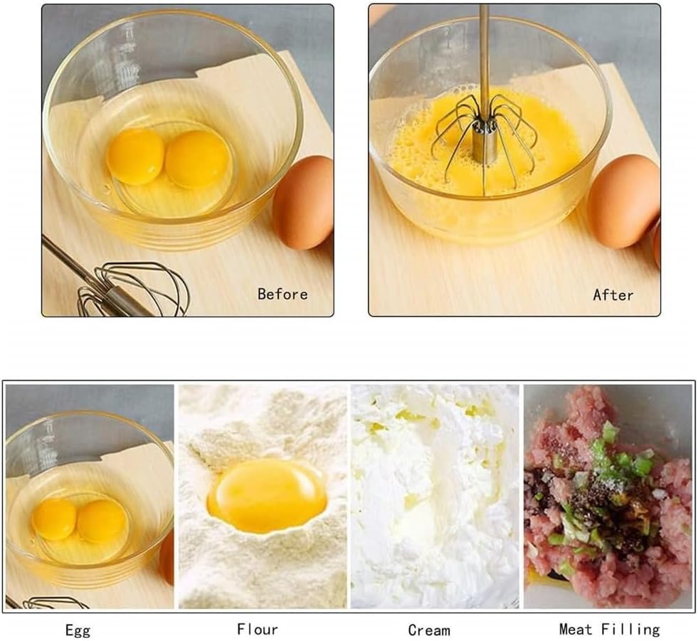 Stainless Steel Semi-Automatic Easy Whisk Handheld Mixer Hand Push Rotary Whisk Blender Egg Beater Hand Push Mixer Stirrer Egg Scrambler for Blending, Whisking, Frothing, Beating & Stirring, 10in