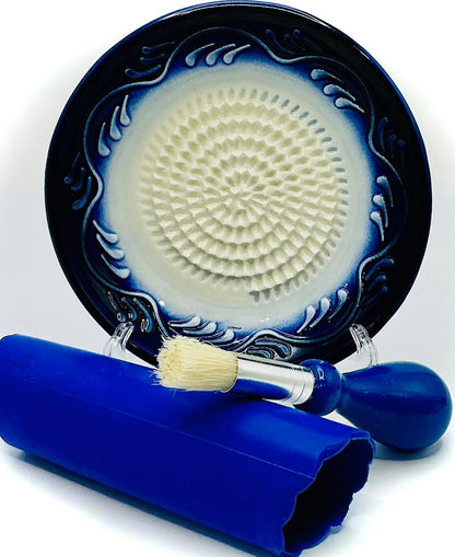 Premium Ceramic Garlic Grater Plate Set - Blue Gradient Floral