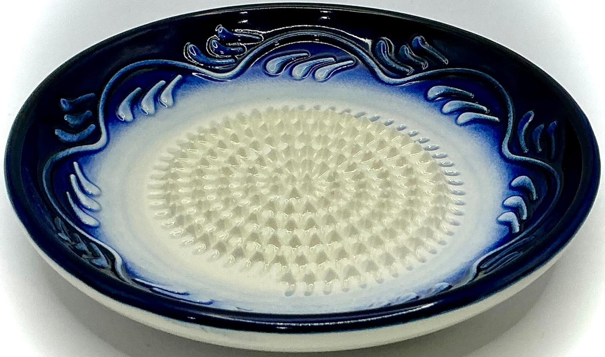 Premium Ceramic Garlic Grater Plate Set - Blue Gradient Floral