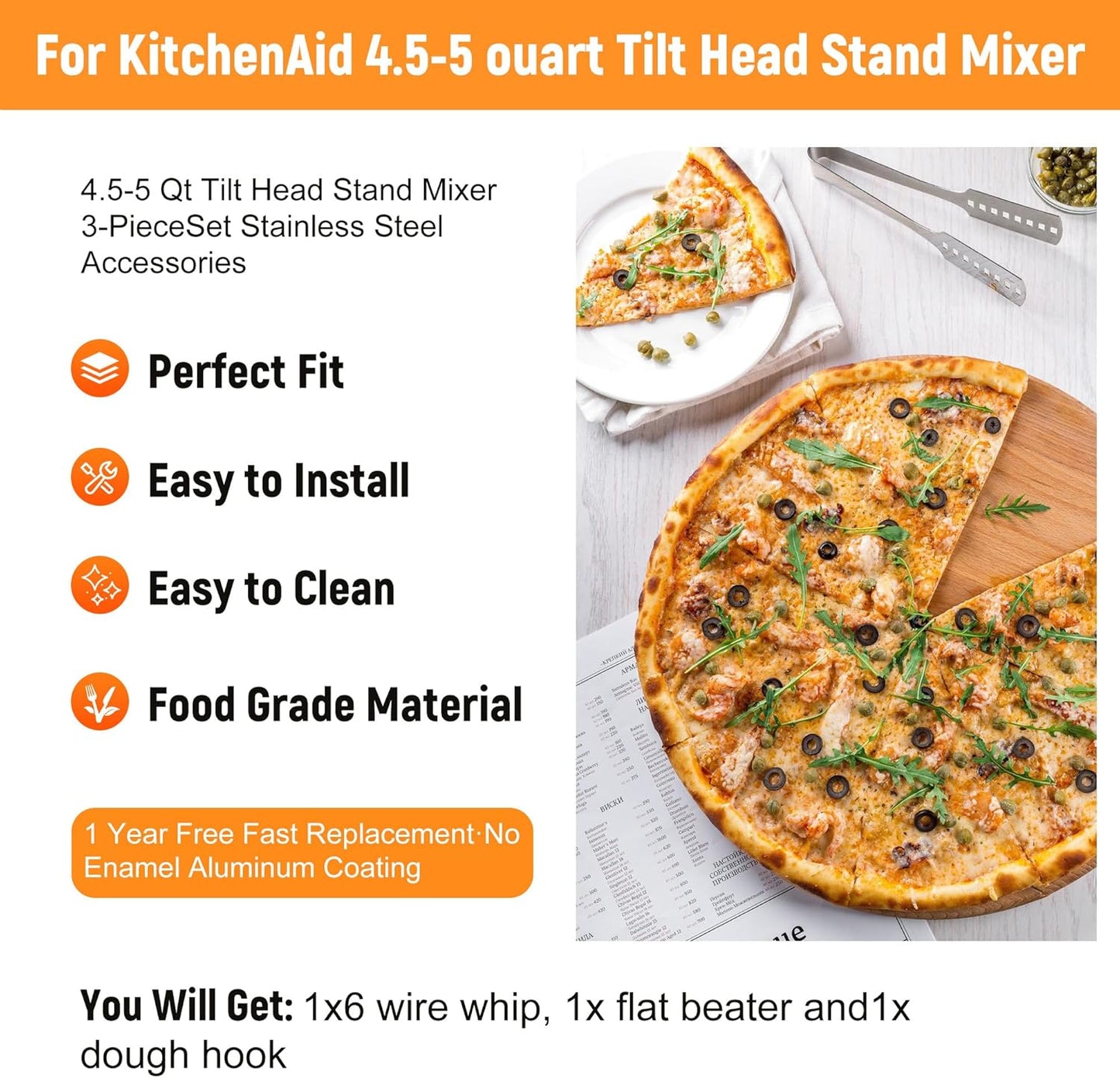 Stainless Steel Accessories Compatible with KitchenAid 4.5-5 Qt Tilt-Head Mixer, 6 Wire Whisk, Flat Beater and Dough Hook for 5 Quart Mixing Bowl, Fits, KSM45, KSM150, Dishwasher Safe, Heavy Duty