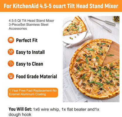 Stainless Steel Accessories Compatible with KitchenAid 4.5-5 Qt Tilt-Head Mixer, 6 Wire Whisk, Flat Beater and Dough Hook for 5 Quart Mixing Bowl, Fits, KSM45, KSM150, Dishwasher Safe, Heavy Duty