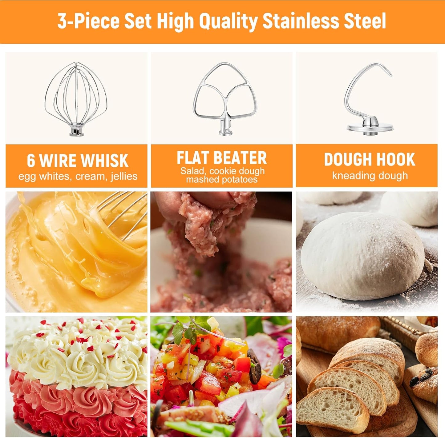 Stainless Steel Accessories Compatible with KitchenAid 4.5-5 Qt Tilt-Head Mixer, 6 Wire Whisk, Flat Beater and Dough Hook for 5 Quart Mixing Bowl, Fits, KSM45, KSM150, Dishwasher Safe, Heavy Duty