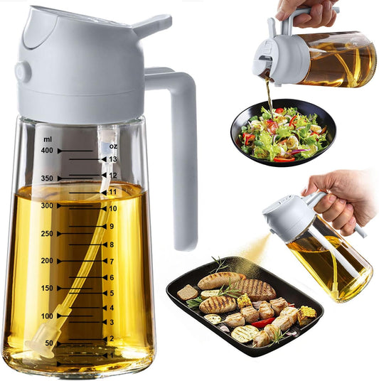16oz/470ml Glass Olive Oil Sprayer for Cooking – 2 in 1 Olive Oil Dispenser Bottle for Kitchen Gadgets and Air Fryer Accessories, Salad, BBQ - Ash