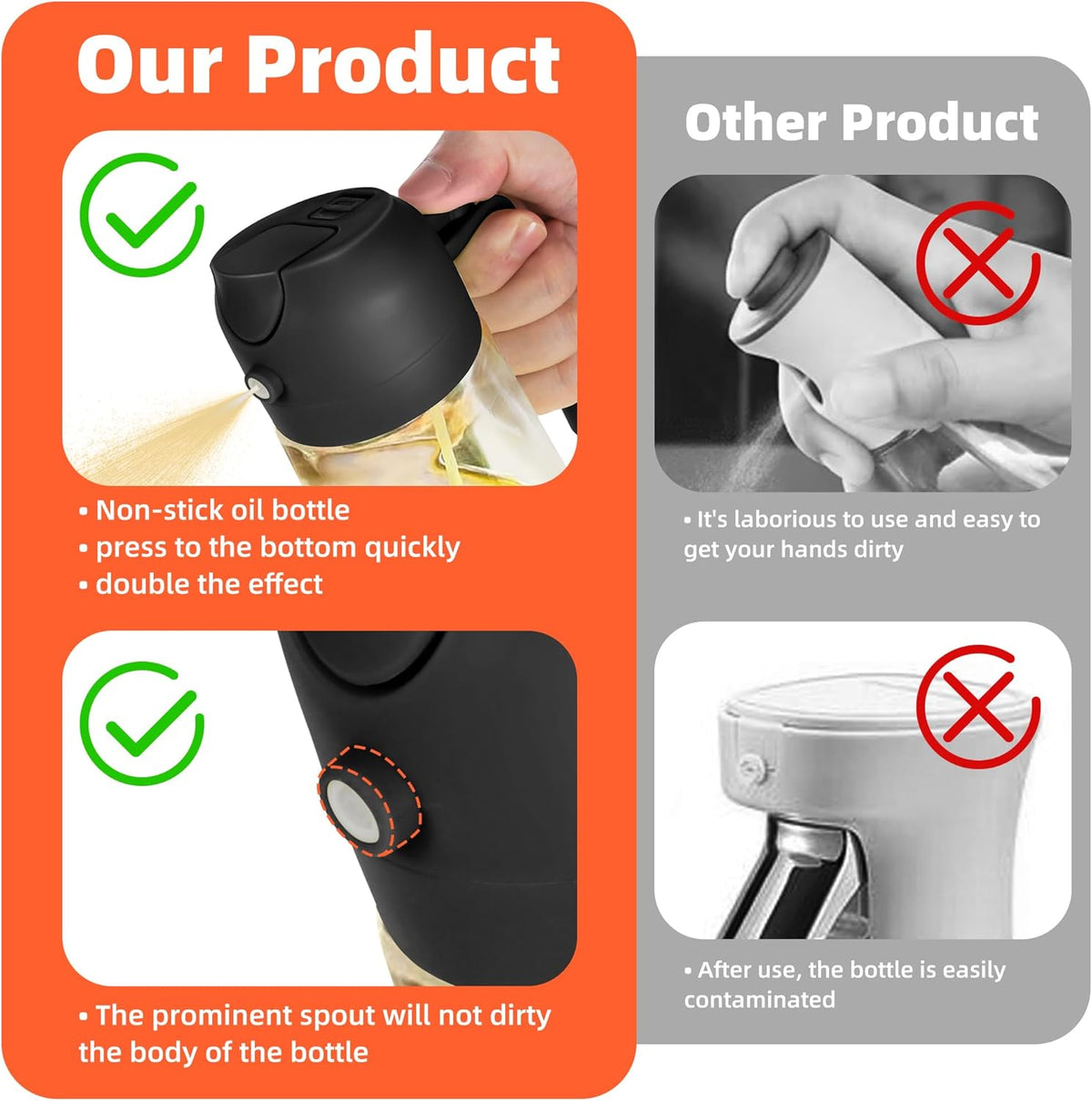 16oz/470ml Glass Olive Oil Sprayer for Cooking – 2 in 1 Olive Oil Dispenser Bottle for Kitchen Gadgets and Air Fryer Accessories, Salad, BBQ - Ash