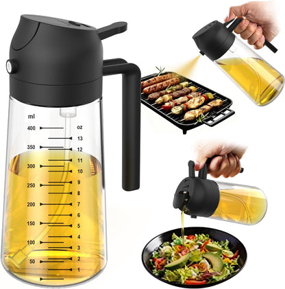 16oz/470ml Glass Olive Oil Sprayer for Cooking – 2 in 1 Olive Oil Dispenser Bottle for Kitchen Gadgets and Air Fryer Accessories, Salad, BBQ - Ash