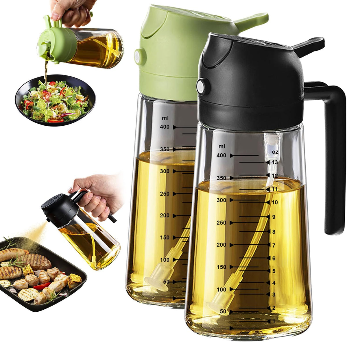 16oz/470ml Glass Olive Oil Sprayer for Cooking – 2 in 1 Olive Oil Dispenser Bottle for Kitchen Gadgets and Air Fryer Accessories, Salad, BBQ - Ash