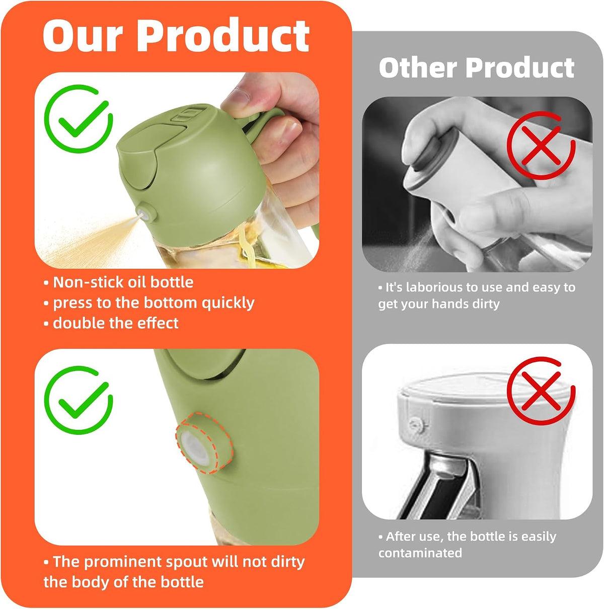 16oz/470ml Glass Olive Oil Sprayer for Cooking – 2 in 1 Olive Oil Dispenser Bottle for Kitchen Gadgets and Air Fryer Accessories, Salad, BBQ - Ash