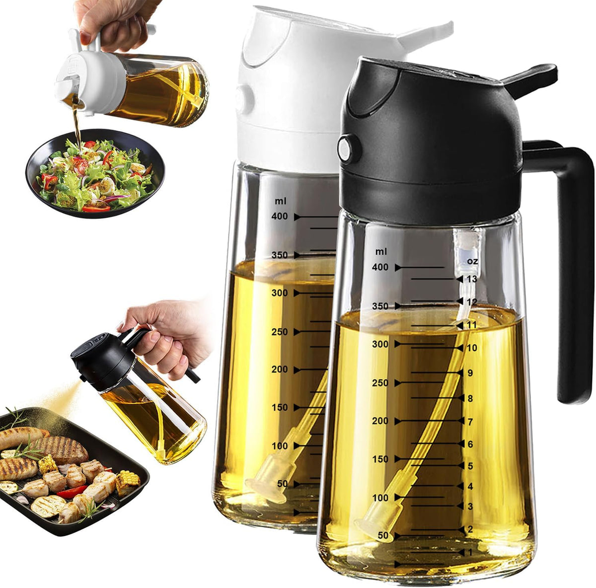 16oz/470ml Glass Olive Oil Sprayer for Cooking – 2 in 1 Olive Oil Dispenser Bottle for Kitchen Gadgets and Air Fryer Accessories, Salad, BBQ - Ash