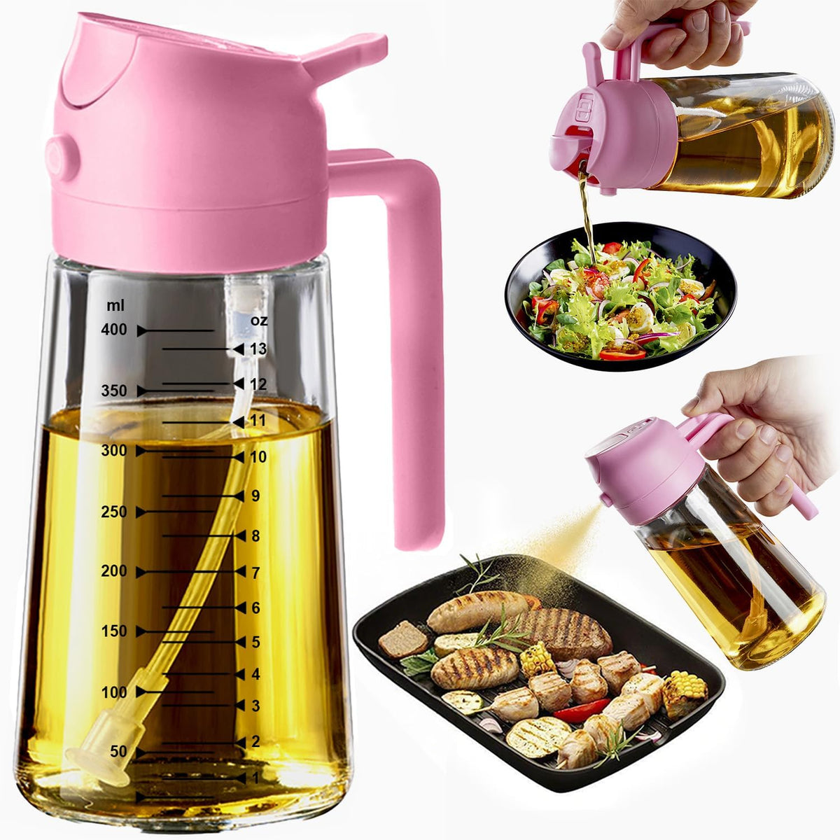 16oz/470ml Glass Olive Oil Sprayer for Cooking – 2 in 1 Olive Oil Dispenser Bottle for Kitchen Gadgets and Air Fryer Accessories, Salad, BBQ - Ash