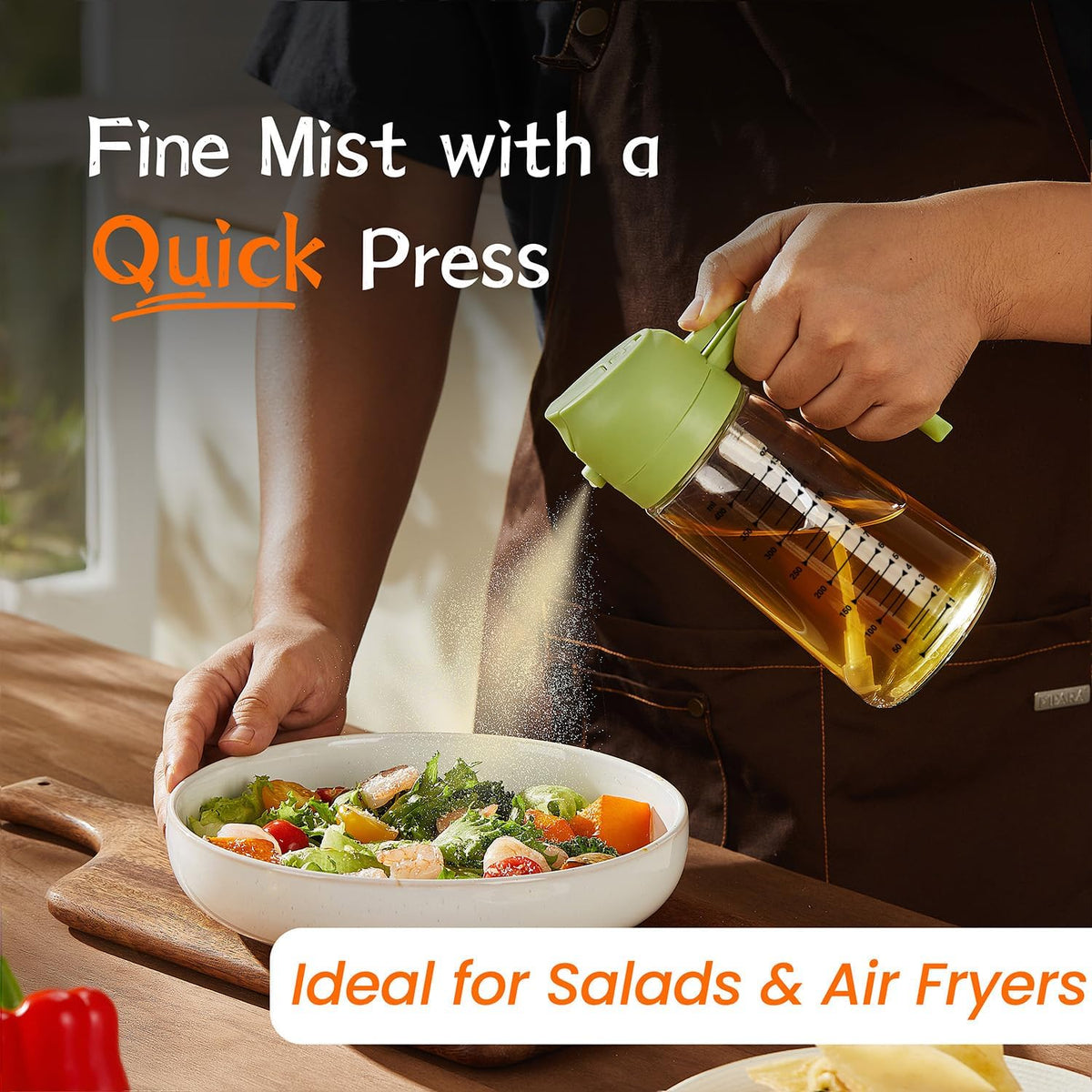 16oz/470ml Glass Olive Oil Sprayer for Cooking – 2 in 1 Olive Oil Dispenser Bottle for Kitchen Gadgets and Air Fryer Accessories, Salad, BBQ - Ash