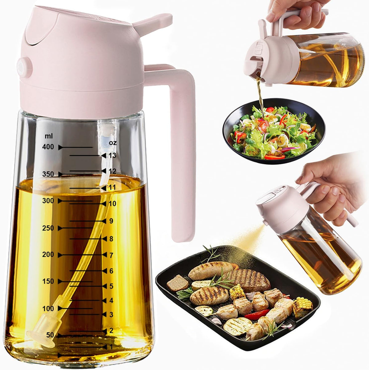 16oz/470ml Glass Olive Oil Sprayer for Cooking – 2 in 1 Olive Oil Dispenser Bottle for Kitchen Gadgets and Air Fryer Accessories, Salad, BBQ - Ash
