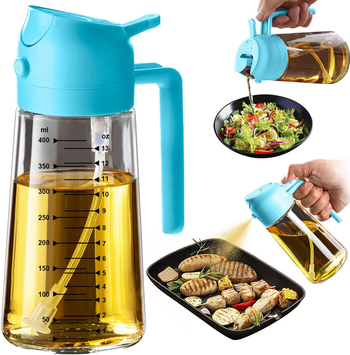 16oz/470ml Glass Olive Oil Sprayer for Cooking – 2 in 1 Olive Oil Dispenser Bottle for Kitchen Gadgets and Air Fryer Accessories, Salad, BBQ - Ash