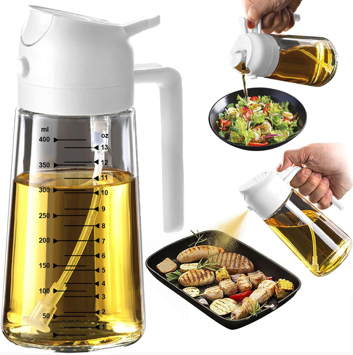16oz/470ml Glass Olive Oil Sprayer for Cooking – 2 in 1 Olive Oil Dispenser Bottle for Kitchen Gadgets and Air Fryer Accessories, Salad, BBQ - Ash