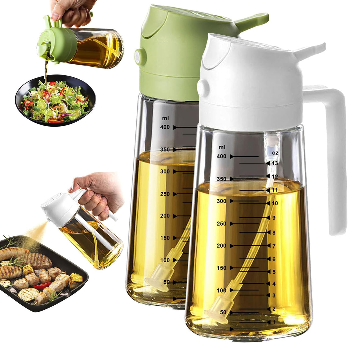 16oz/470ml Glass Olive Oil Sprayer for Cooking – 2 in 1 Olive Oil Dispenser Bottle for Kitchen Gadgets and Air Fryer Accessories, Salad, BBQ - Ash