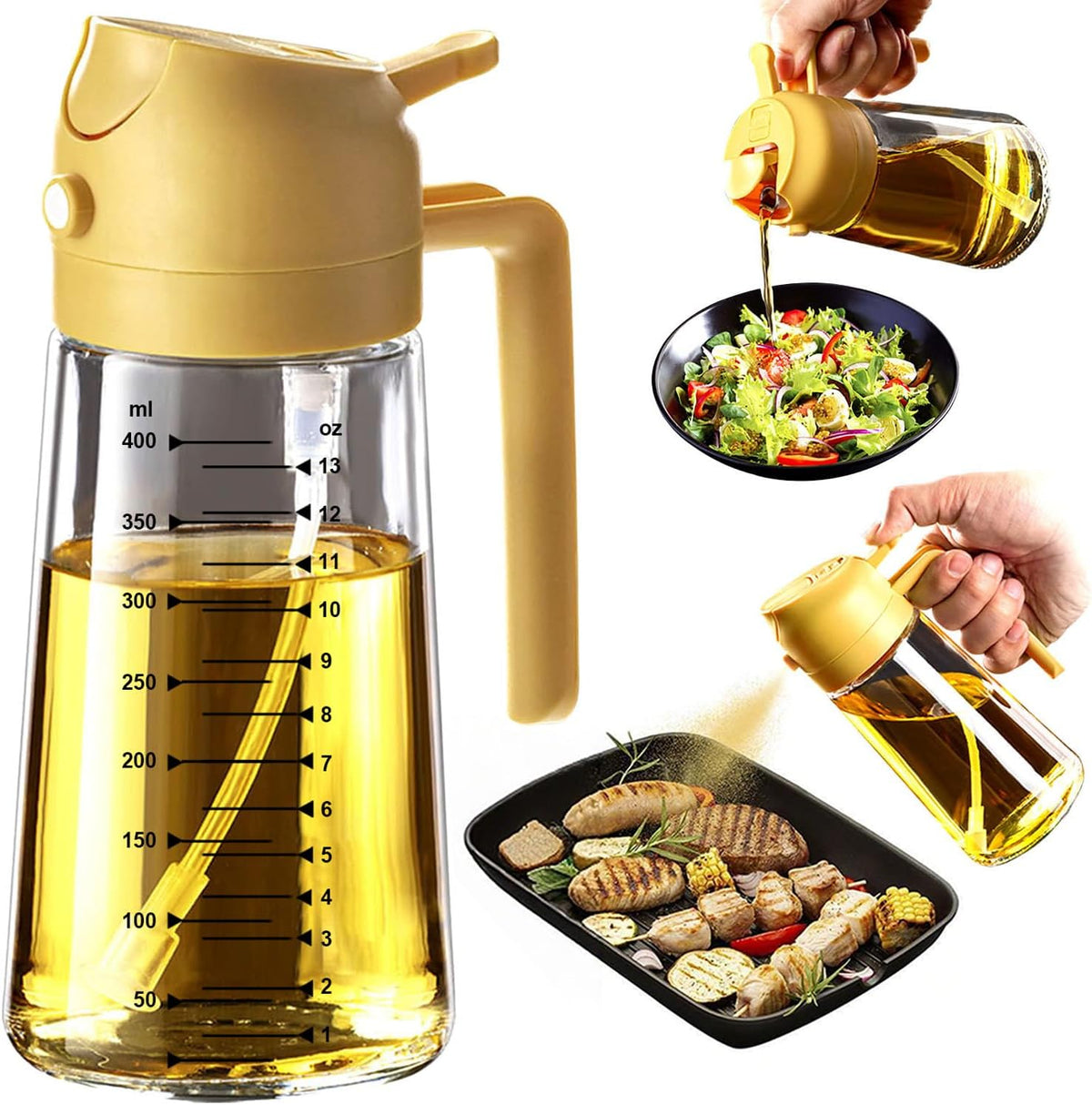 16oz/470ml Glass Olive Oil Sprayer for Cooking – 2 in 1 Olive Oil Dispenser Bottle for Kitchen Gadgets and Air Fryer Accessories, Salad, BBQ - Ash