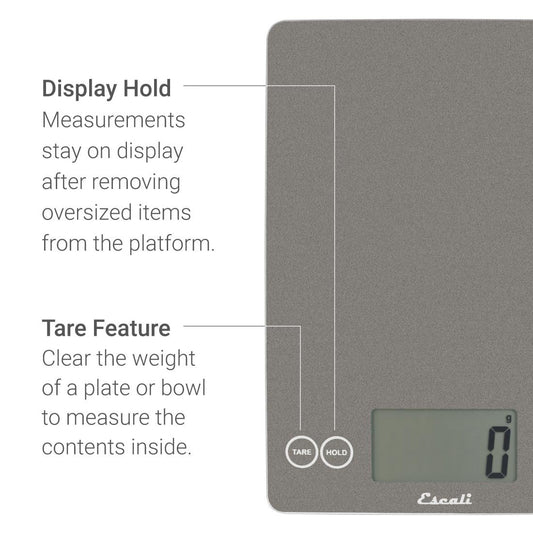 Arti Glass Food Scale Digital Countertop Kitchen, Baking and Cooking Scale with Nutrition and Calorie Counter, 15-Pound Capacity, 9" x 6.5" x .75", Gray Storm