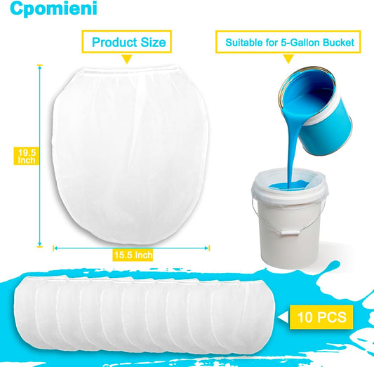 10PCS Paint Filter Bags, 5 Gallon Fine Mesh Strainer | White Fine Mesh, Elastic Top, Gardening, Hydroponics, Paint Strainer