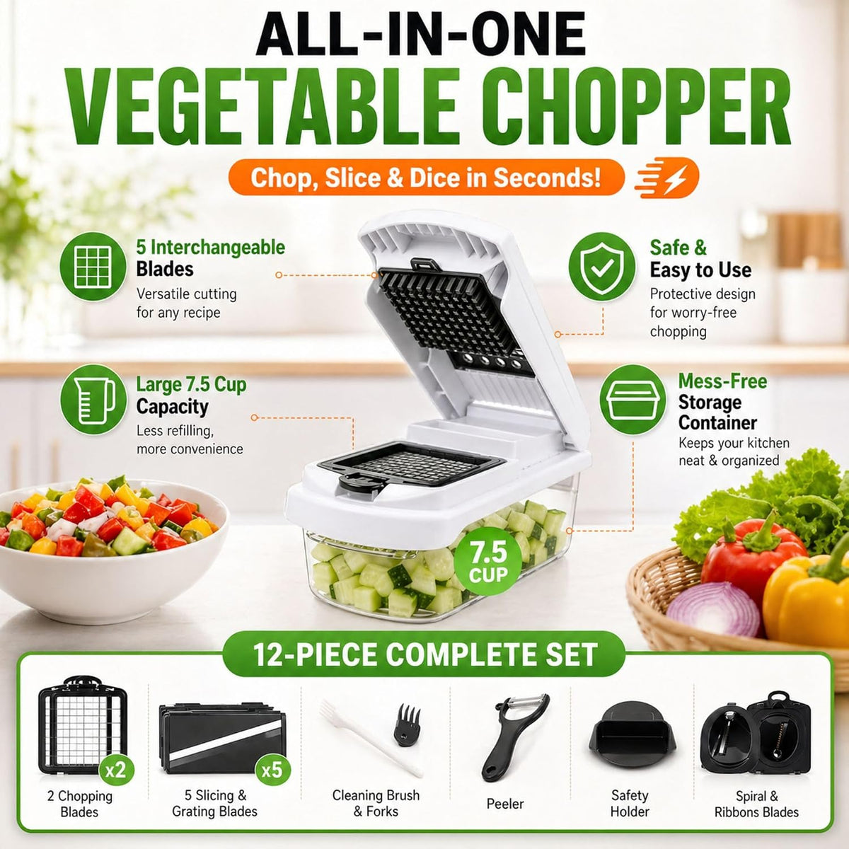 12-in-1 Vegetable Chopper with Container – Mandoline Slicer, Onion Chopper, Food Chopper, Cheese Grater & French Fry Cutter – Multifunctional Kitchen Gadget with 8 Blades, Egg Separator & Peeler