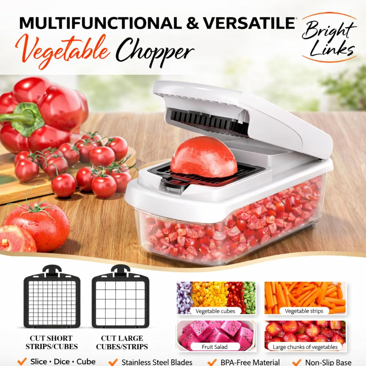 12-in-1 Vegetable Chopper with Container – Mandoline Slicer, Onion Chopper, Food Chopper, Cheese Grater & French Fry Cutter – Multifunctional Kitchen Gadget with 8 Blades, Egg Separator & Peeler