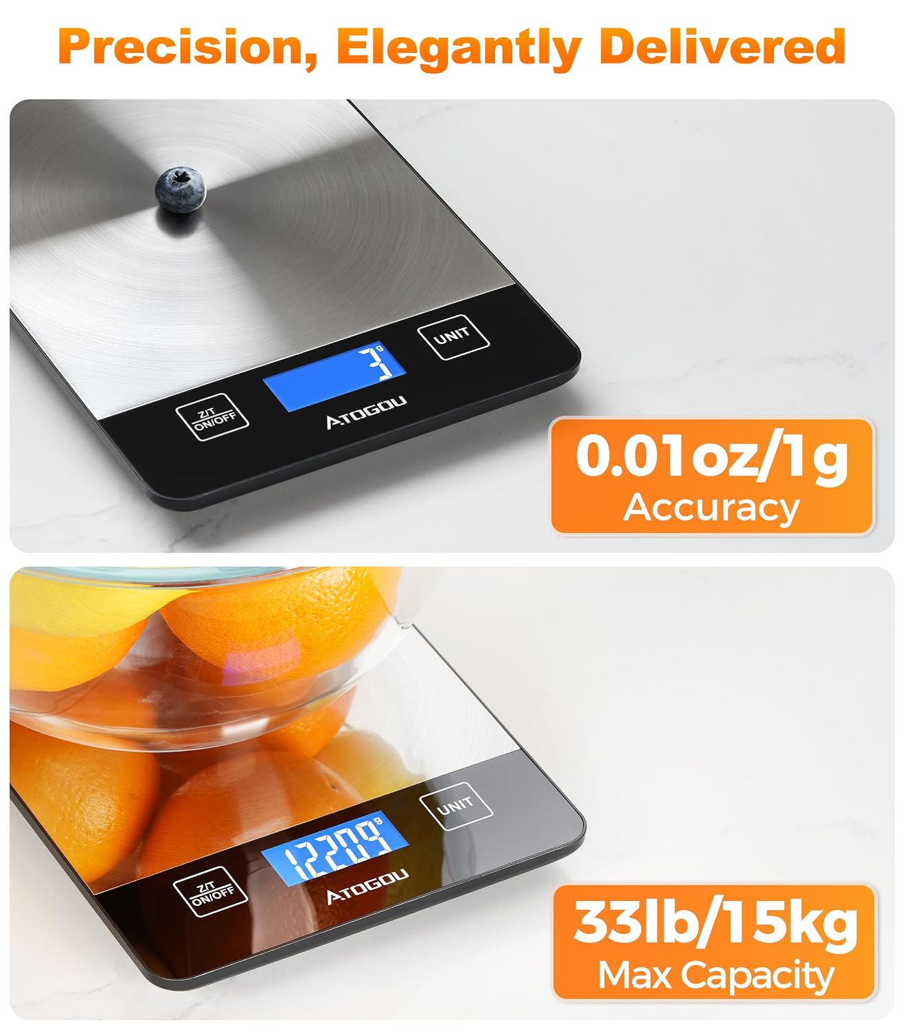 Food Scale Rechargeable - 33lb Digital Kitchen Scale Ounces Grams | Full-view Display, Water-Resistant, Batteries or USB-C Charging, Stainless Steel, for Cooking, Meal Prep, Package (Black)