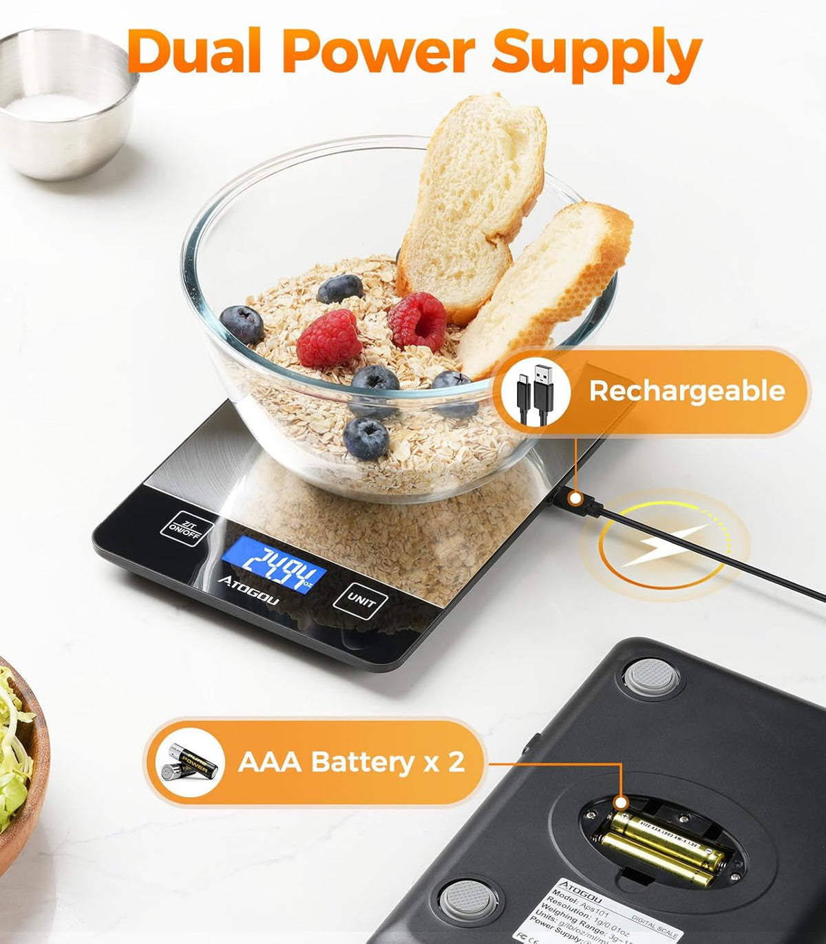 Food Scale Rechargeable - 33lb Digital Kitchen Scale Ounces Grams | Full-view Display, Water-Resistant, Batteries or USB-C Charging, Stainless Steel, for Cooking, Meal Prep, Package (Black)