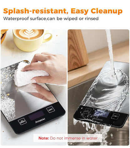 Food Scale Rechargeable - 33lb Digital Kitchen Scale Ounces Grams | Full-view Display, Water-Resistant, Batteries or USB-C Charging, Stainless Steel, for Cooking, Meal Prep, Package (Black)