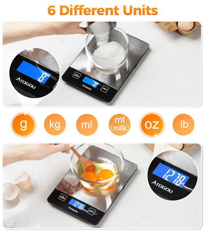 Food Scale Rechargeable - 33lb Digital Kitchen Scale Ounces Grams | Full-view Display, Water-Resistant, Batteries or USB-C Charging, Stainless Steel, for Cooking, Meal Prep, Package (Black)