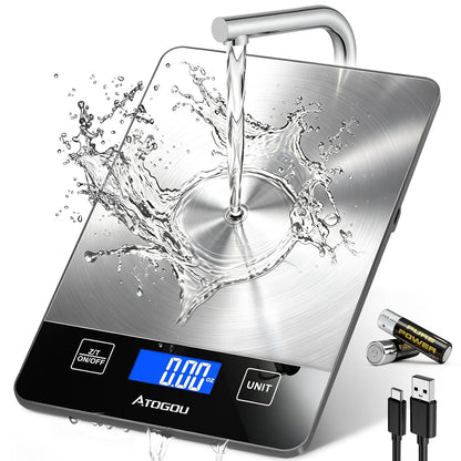 Food Scale Rechargeable - 33lb Digital Kitchen Scale Ounces Grams | Full-view Display, Water-Resistant, Batteries or USB-C Charging, Stainless Steel, for Cooking, Meal Prep, Package (Black)