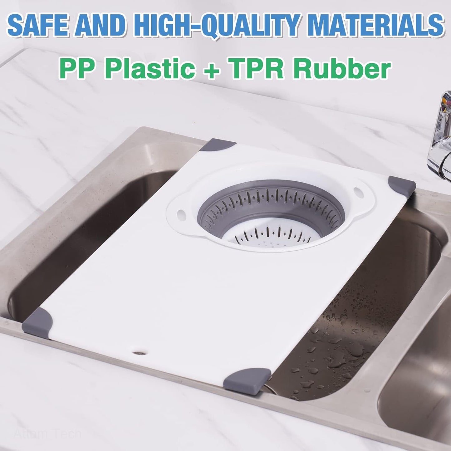 Over the Sink Cutting Board with Collapsible Colander, 2-In-1 Sink Drainer Board 11"x17.7" Anti-Slip Cutting Board and Detachable Draining Basket with Ergonomic Handle PP Plastic and TPR Rubber