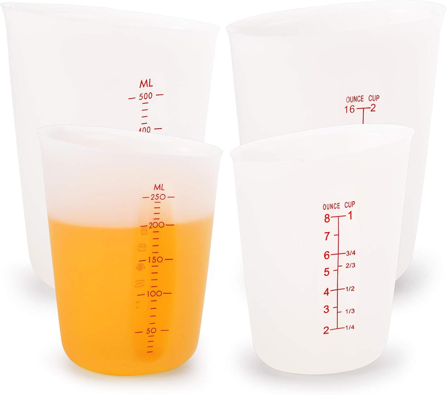 Set of 4 Silicone Flexible Measuring Cups with Marking, 2 Pack 8 Ounces(1-cup) and 2 Pack 16 Ounces(2-cup) Squeeze and Pour Silicone Measuring Cup Set