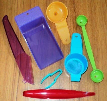 7 New Gadgets ~ Strawberry Huller, Hand Held Strainer and Funnel, Flat Scoop, Cheese Knife, Melon Baller, Lettuce Corer