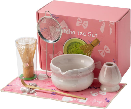 Matcha Kit 7-Pcs matcha whisk set, Measuring Spoon, Japanese Tea Making Tools,Cha, tea bowl, pink matcha set (rosy)
