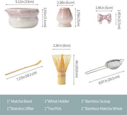Matcha Kit 7-Pcs matcha whisk set, Measuring Spoon, Japanese Tea Making Tools,Cha, tea bowl, pink matcha set (rosy)