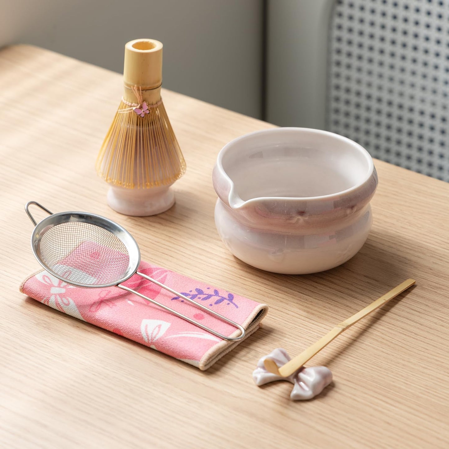 Matcha Kit 7-Pcs matcha whisk set, Measuring Spoon, Japanese Tea Making Tools,Cha, tea bowl, pink matcha set (rosy)