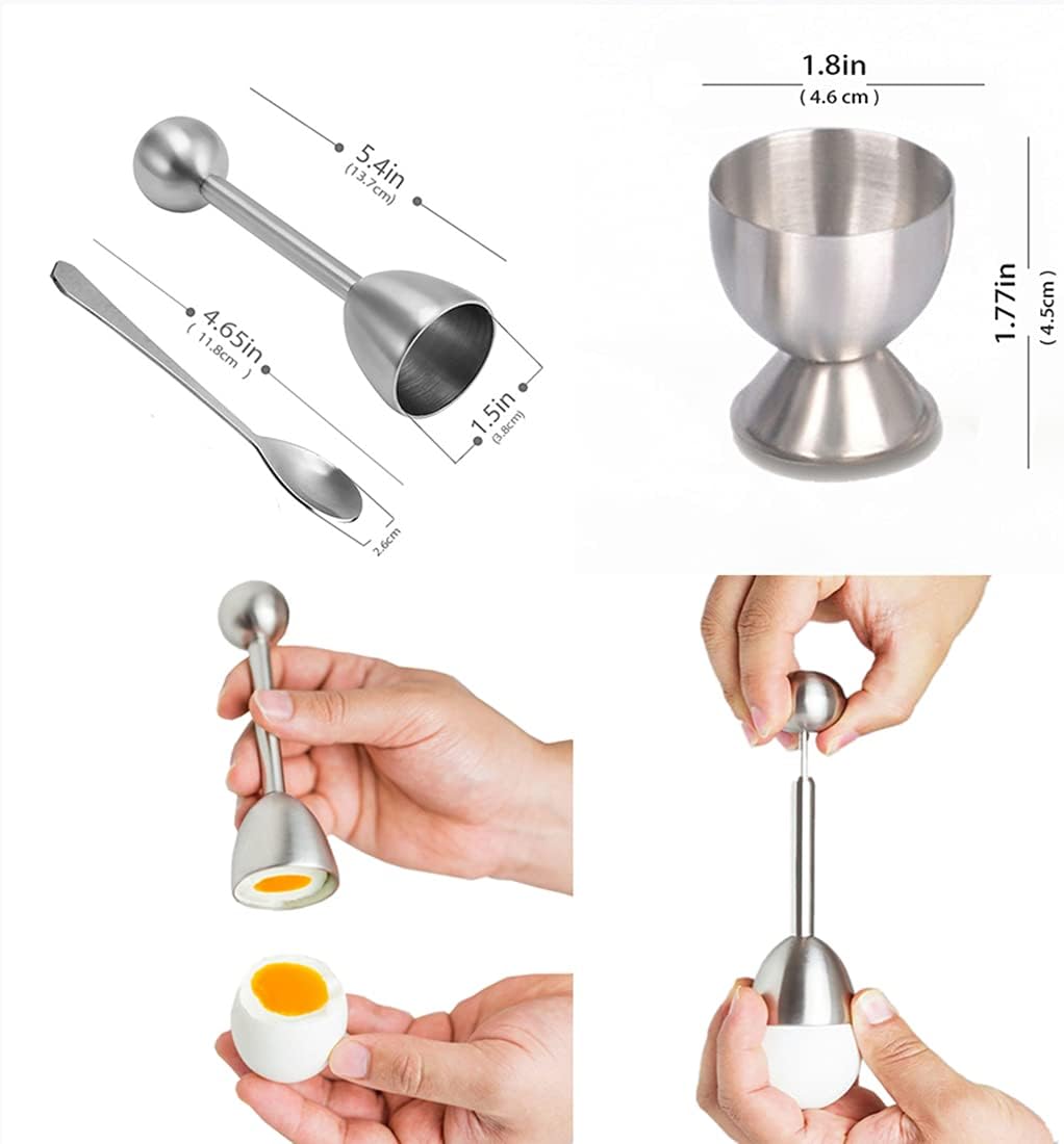 Egg Cracker Topper Set of 5 - Includes 2 Egg Cups, 2 Spoons and 1 Cutter - Stainless Steel Easy Egg Opener