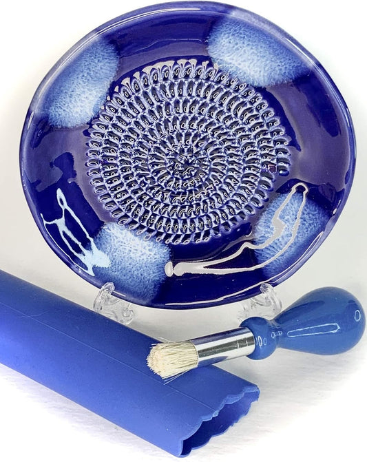 Premium Ceramic Garlic Grater Plate Set - Blue Cross Glazed | Includes 5.25" Plate, Peeler, Brush, and Stand - For Strawberries, Ginger, Chocolate, Cheese, and more - Make your own puree!