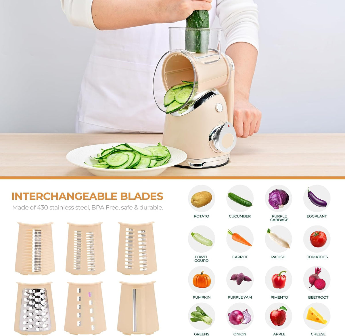 Rotary Cheese Grater Hand Crank, Kitchen Shredder Vegetable Slicer