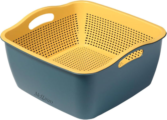 Kitchen Colander Drain Basin 2 in 1 Plastic Basket Strainer Bowl (Blue/Yellow), large